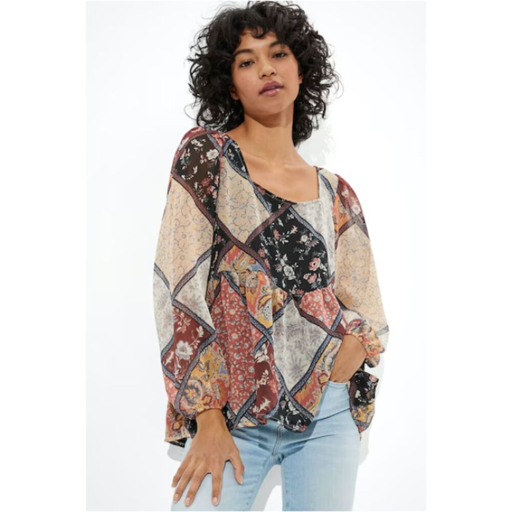 American Eagle Long Sleeve Patchwork Babydoll Peplum Boho Peasant Blouse Medium
